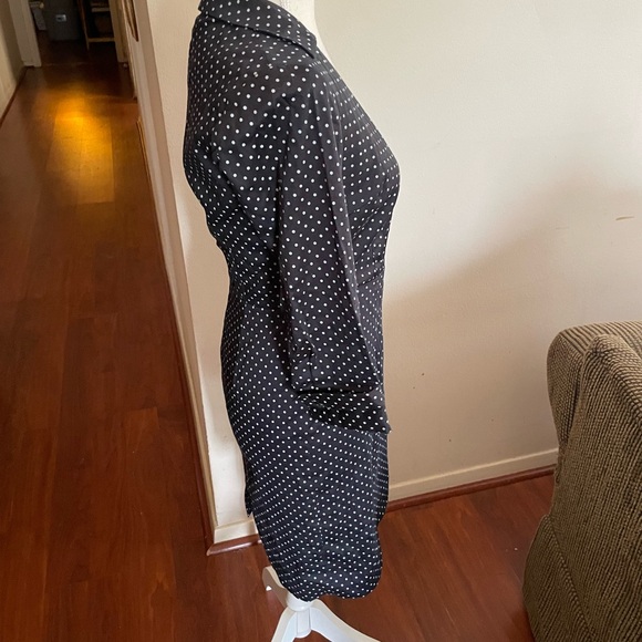 Ann Taylor Petites navy blue gray Polka Dot Faux Wrap Dress quarter sleeve 0P - Picture 7 of 16